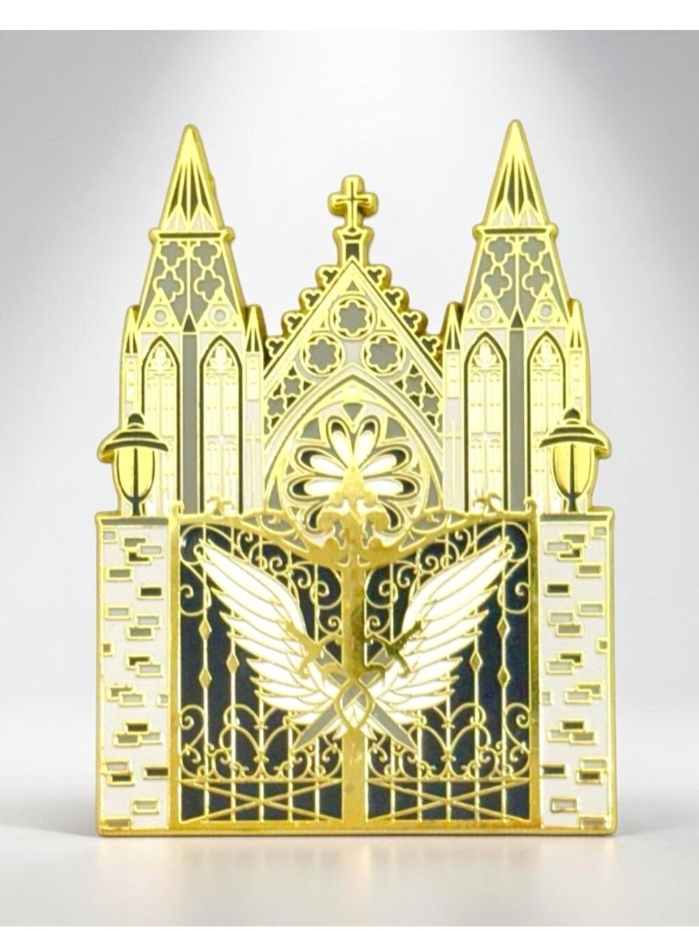 Gothic/Fantasy Cathedral Enamel Pin w/Metallic Gold, Angel Wings & Swords